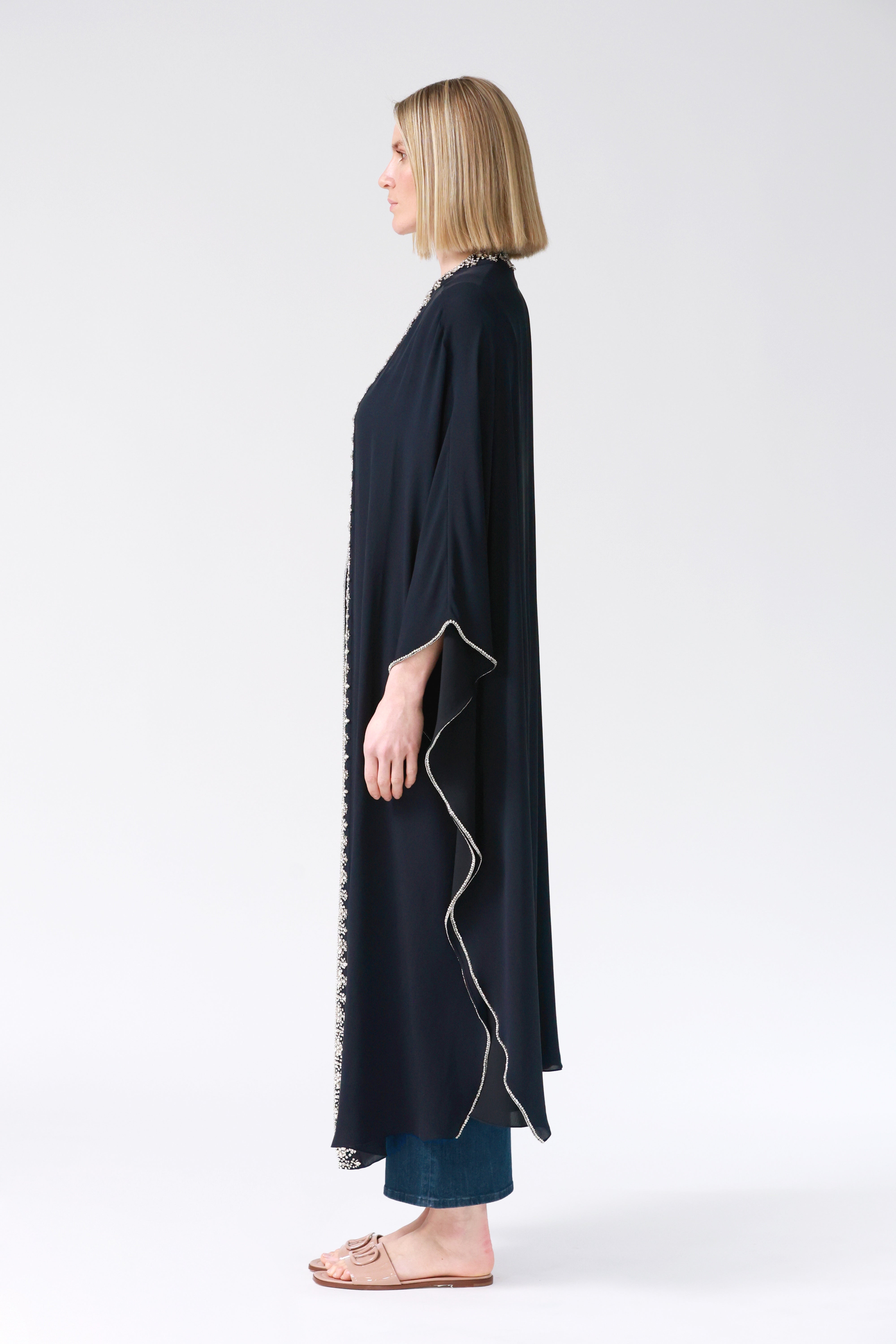 Kimi Embellished Silk Robe in Navy