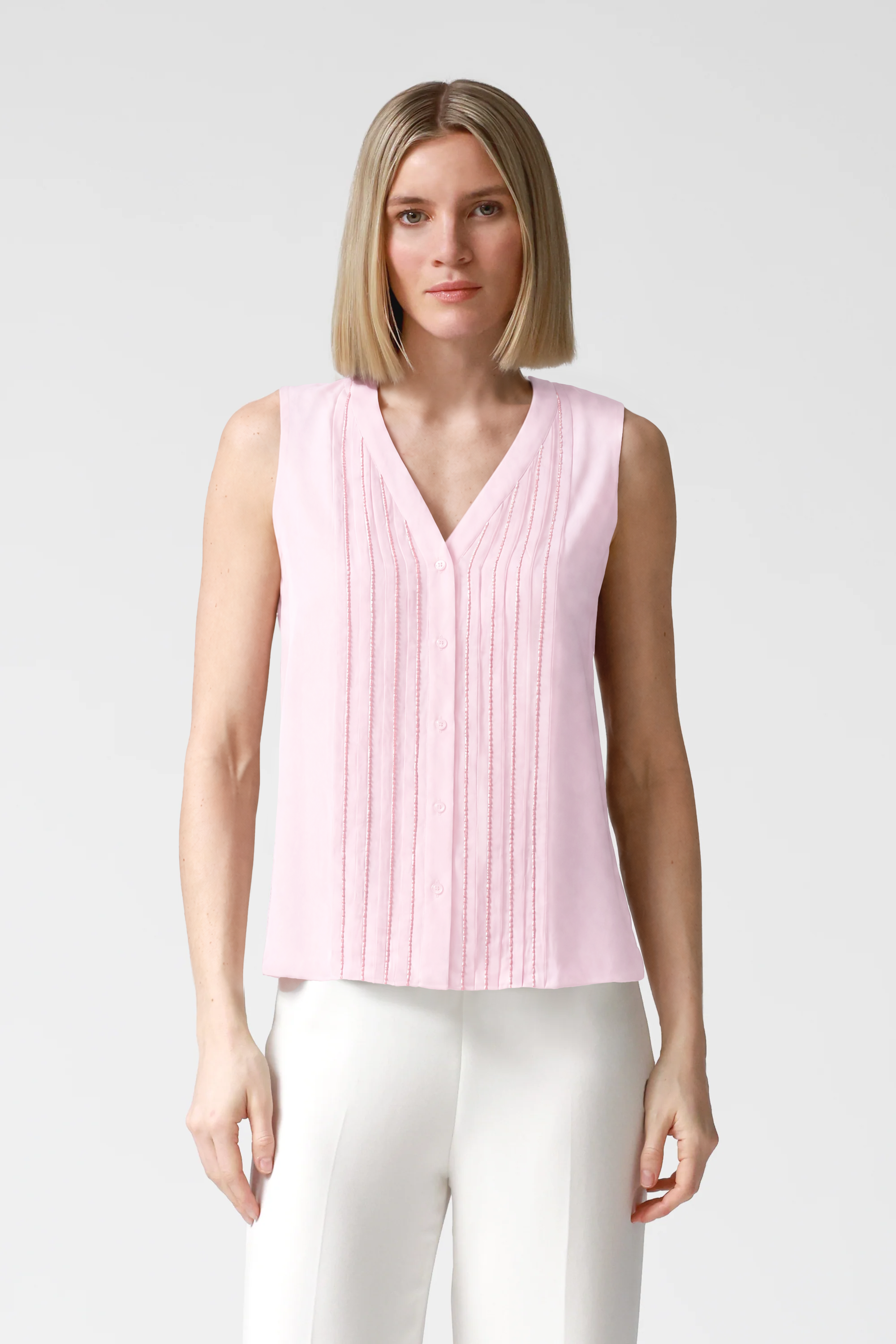 Kitty V-Neck Beaded Silk Top in Pink