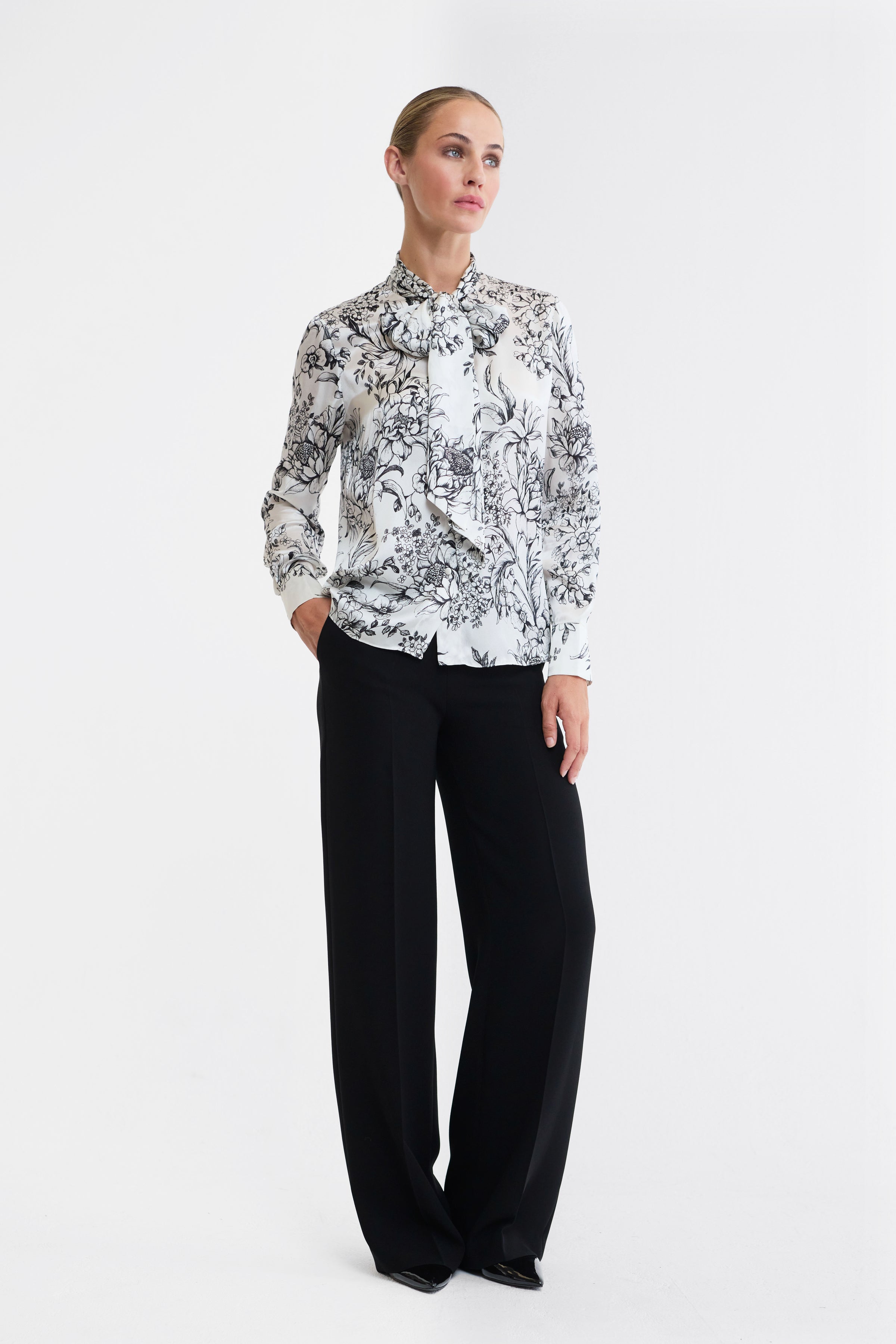 Maggie Floral Silk Satin Pussy Bow Blouse