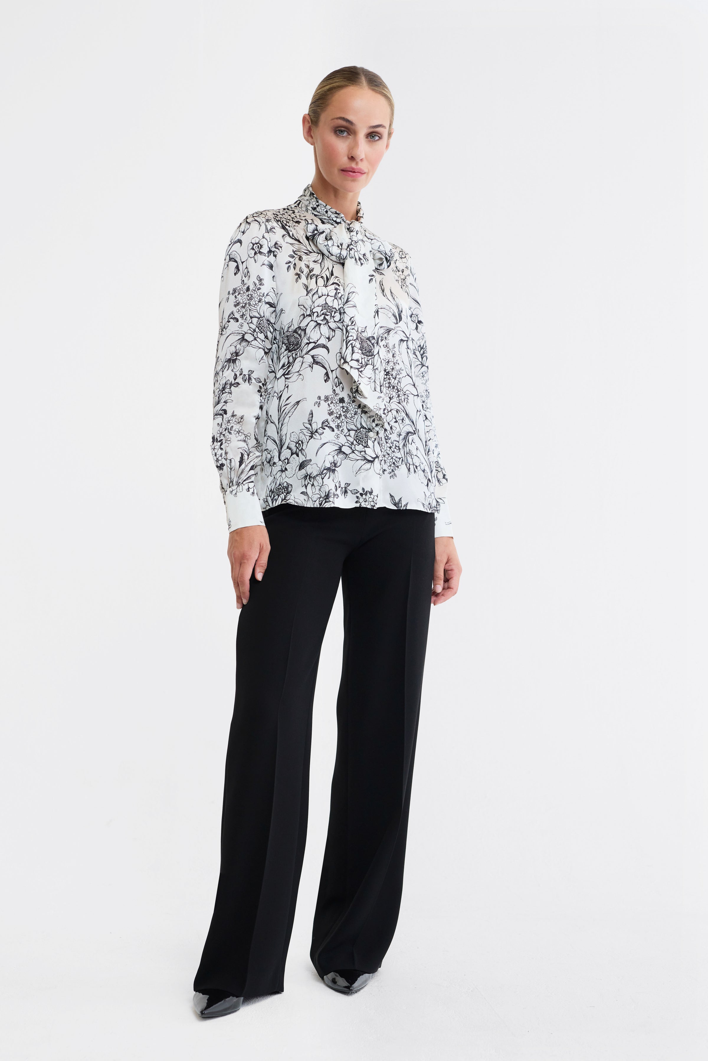 Maggie Floral Silk Satin Pussy Bow Blouse