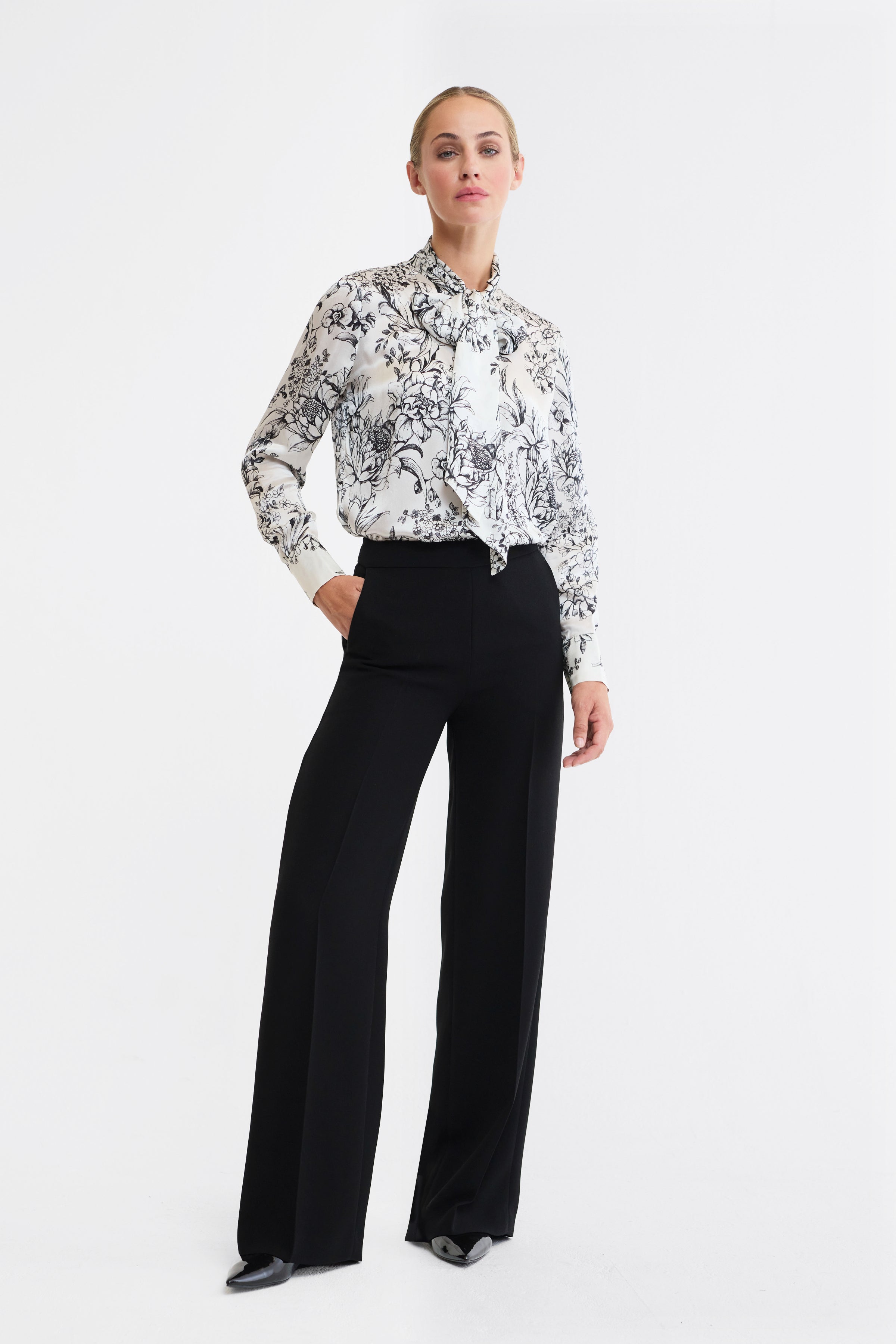 Maggie Floral Silk Satin Pussy Bow Blouse