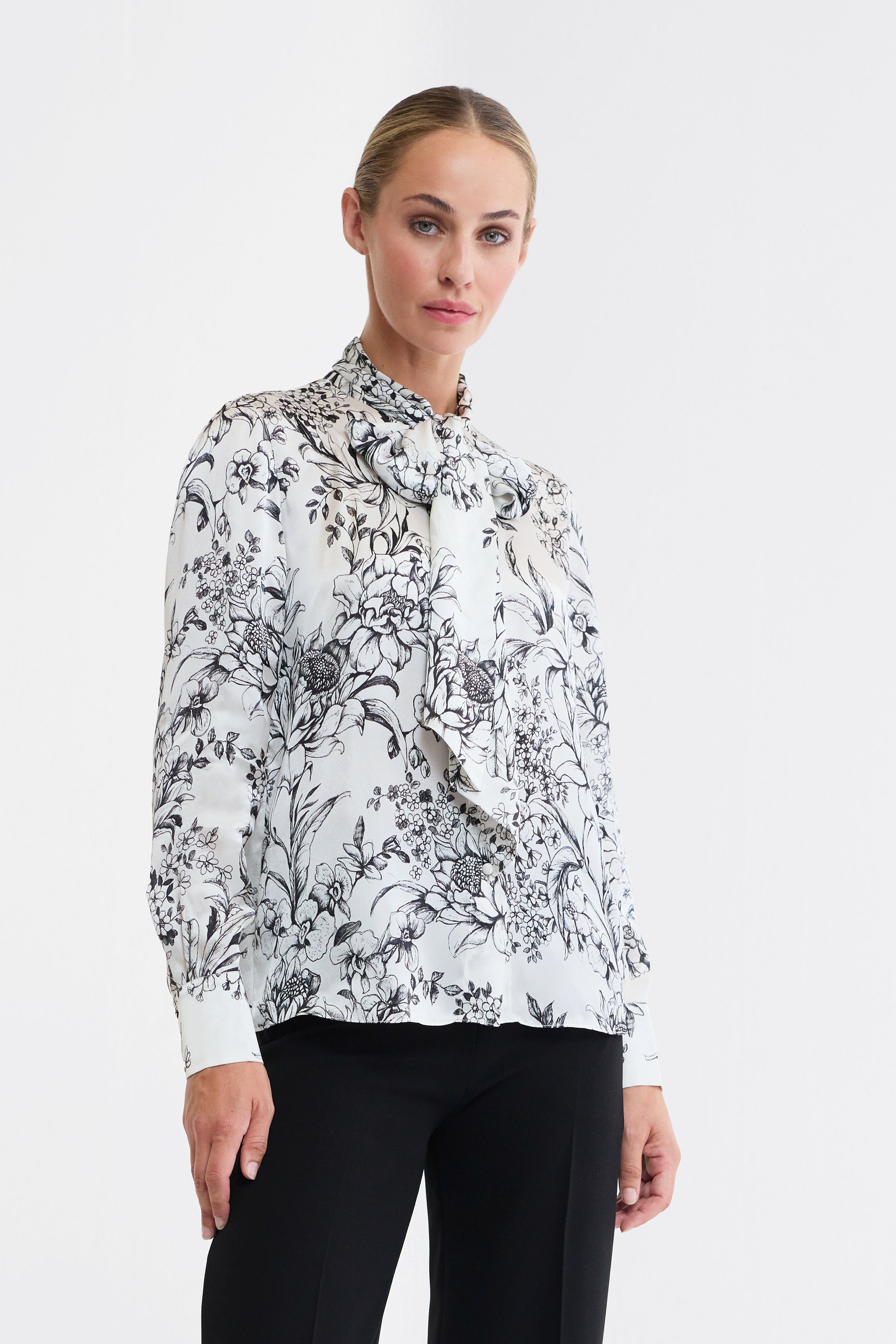 Maggie Floral Silk Satin Pussy Bow Blouse