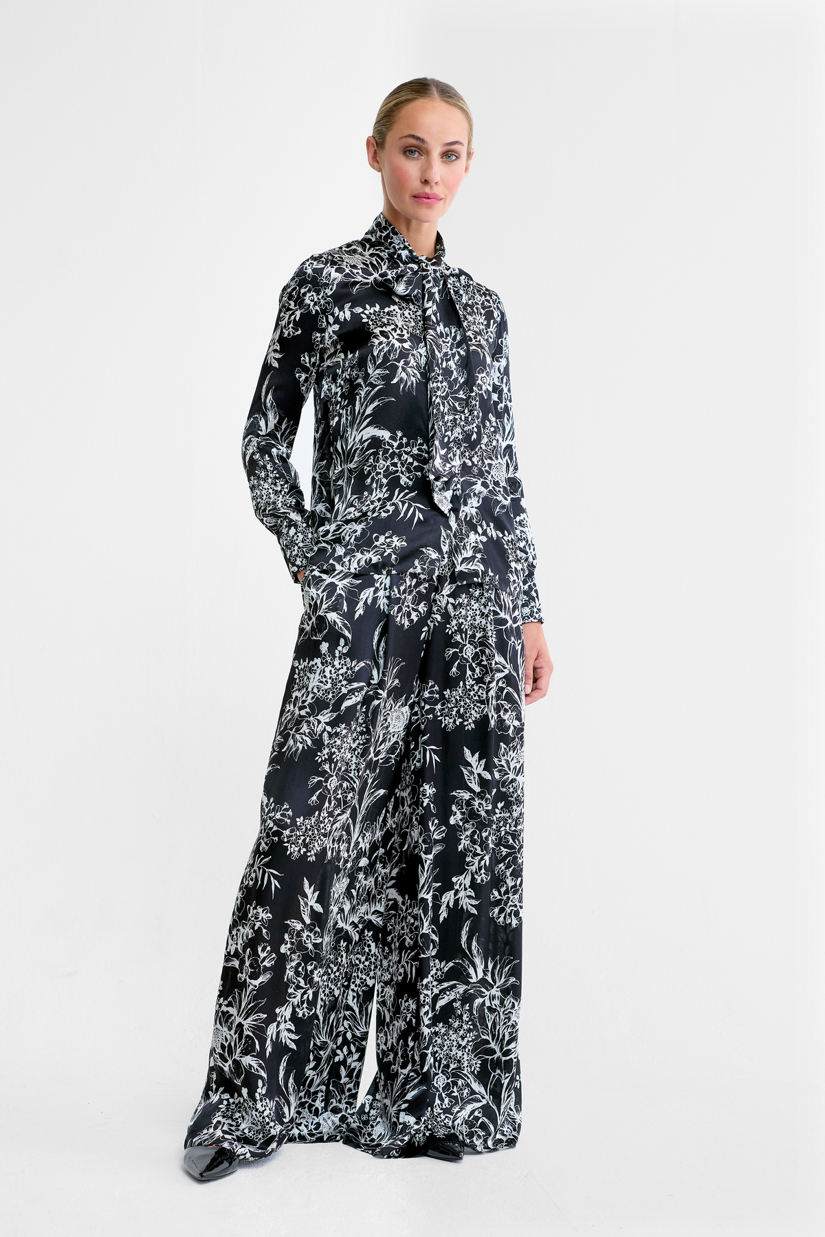 Maggie Floral Silk Satin Pussy Bow Blouse