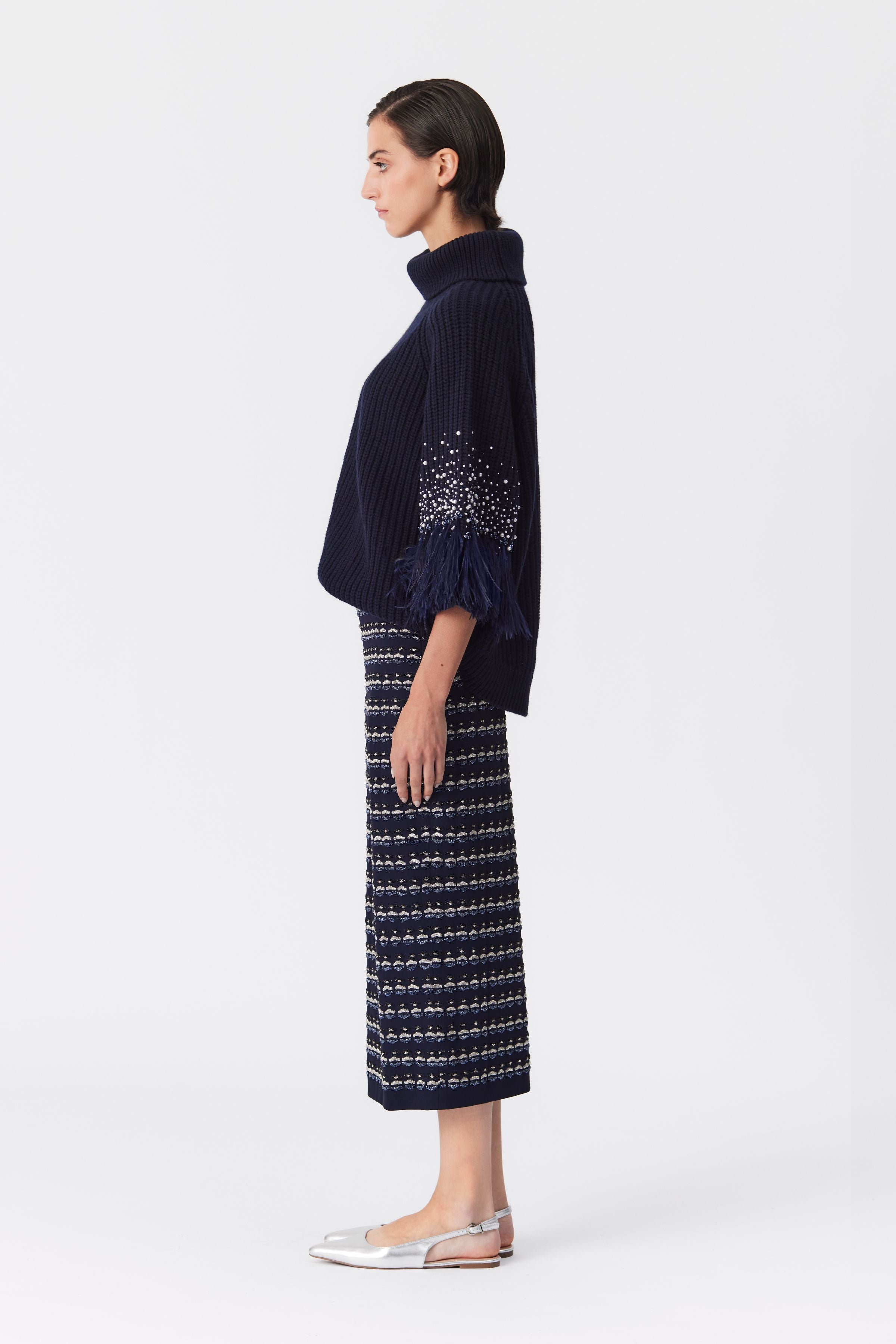 Becki Navy Beaded Pencil Skirt