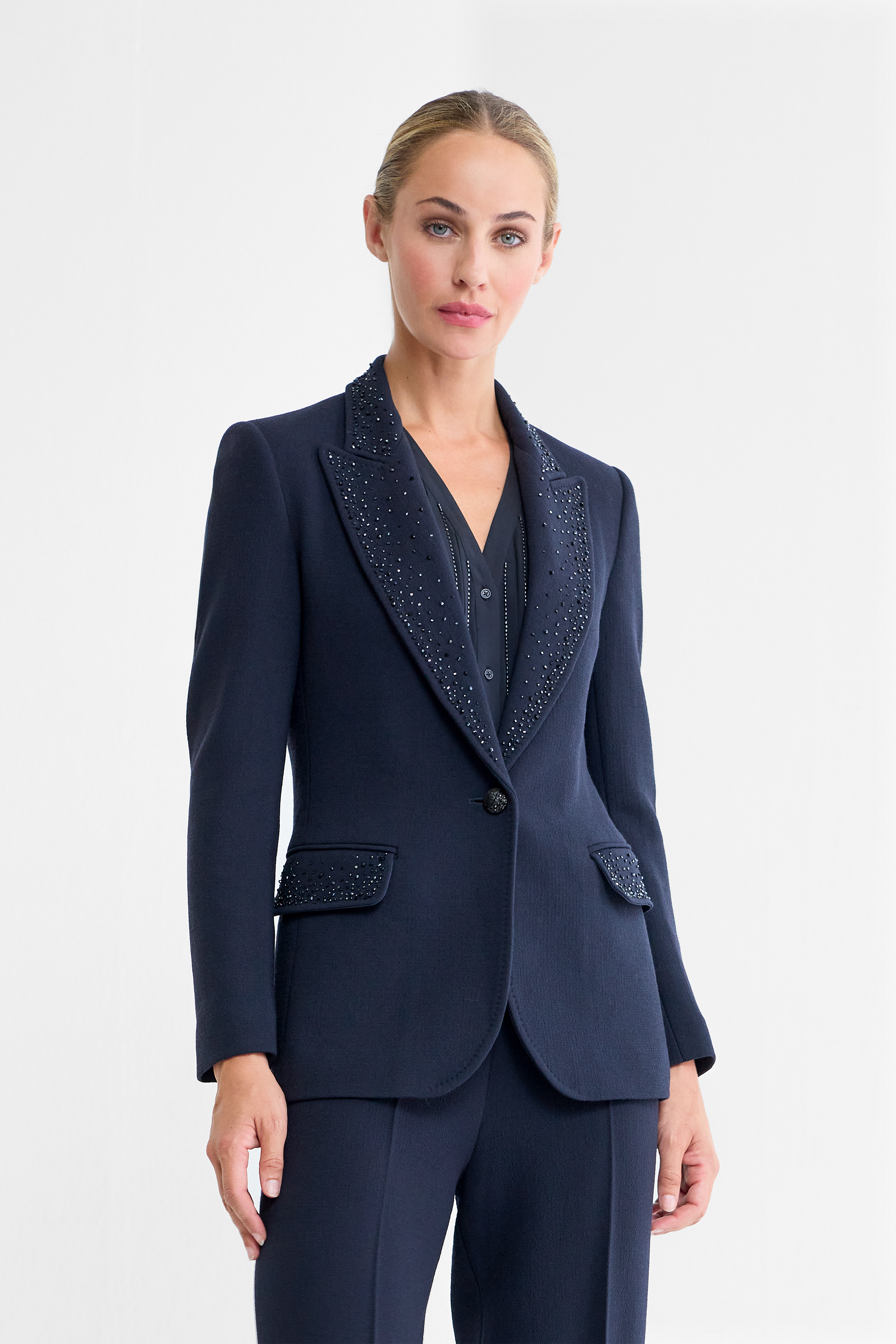 Morgan Embellished Wool Blazer in Navy