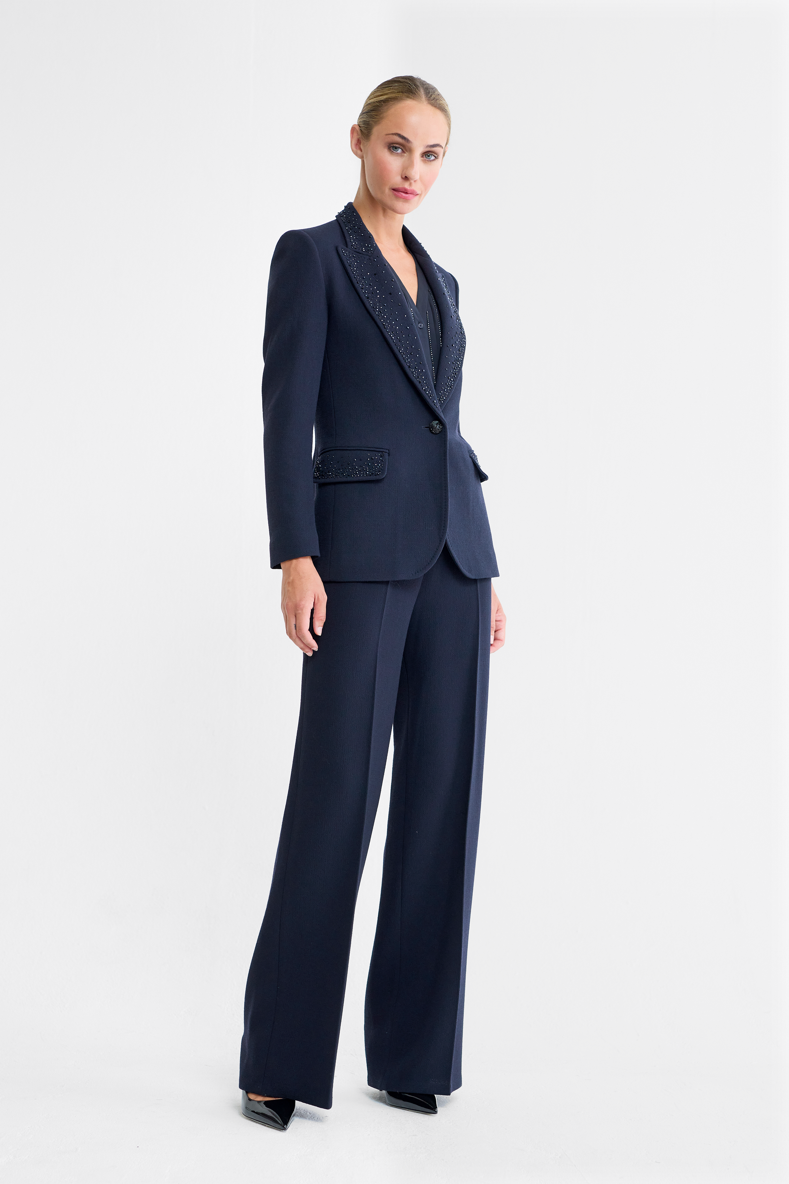 Morgan Embellished Wool Blazer in Navy