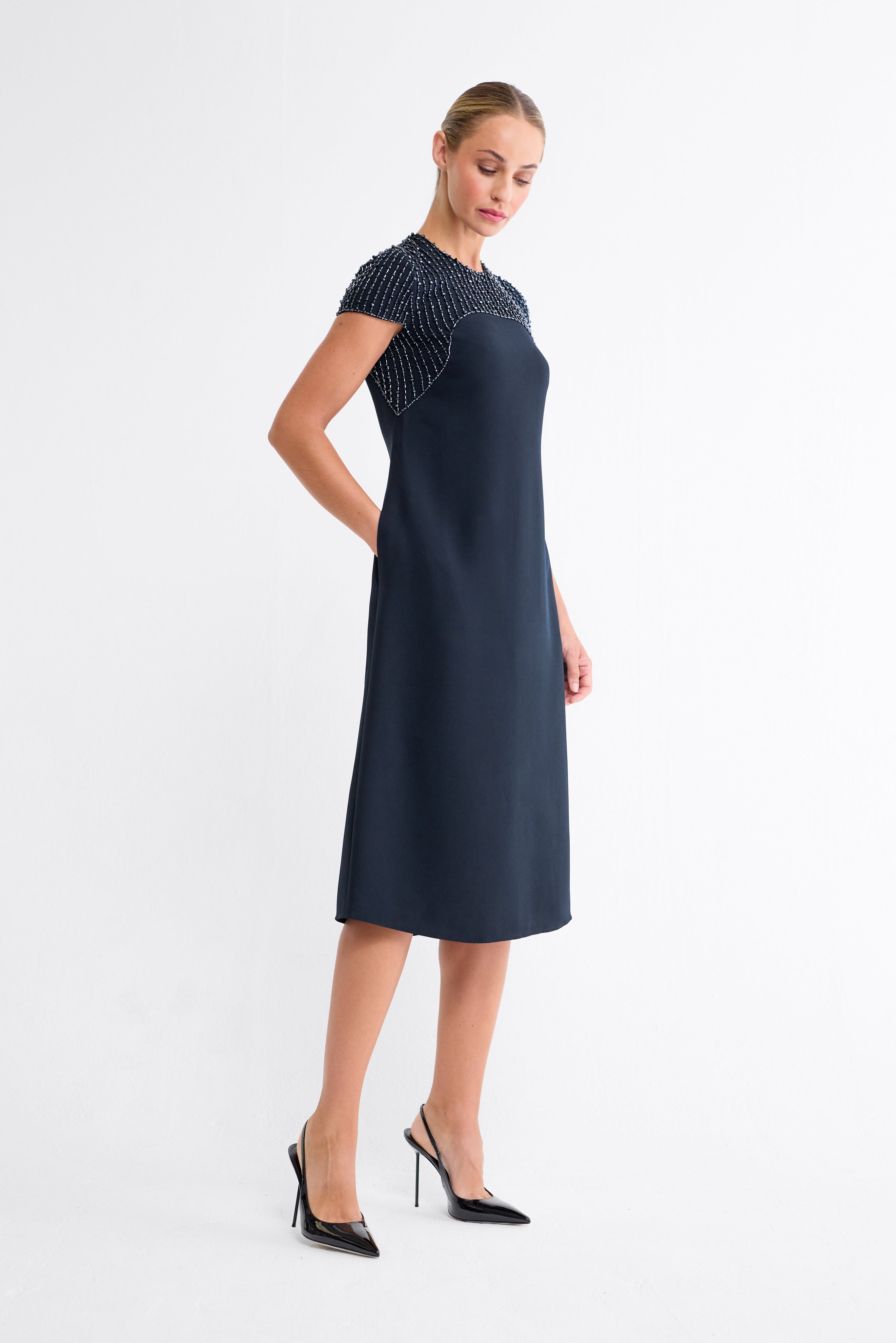 Selma Embellished Navy A-Line Dress